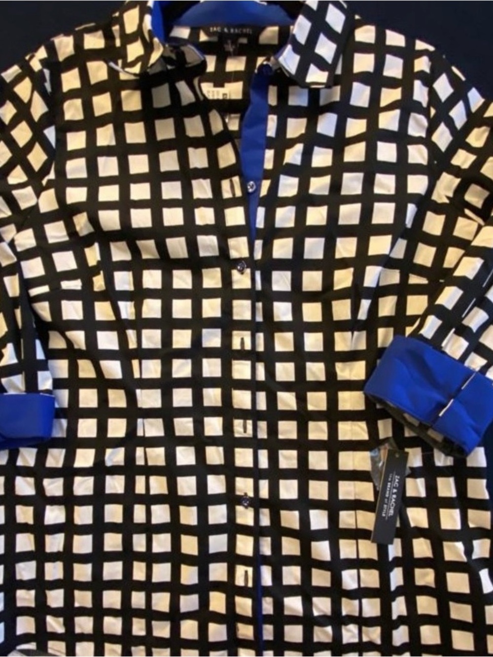 Rachel Black and White Grid Button-Down Shirt with Blue Trim